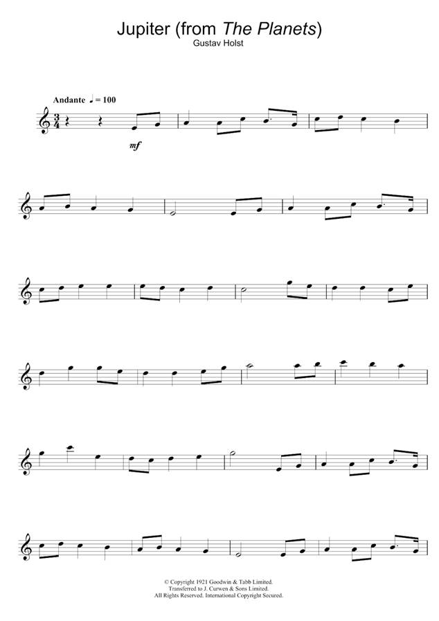 Partitura musical de "Júpiter" de la suite orquestal "Los planetas" de Gustav Holst.
